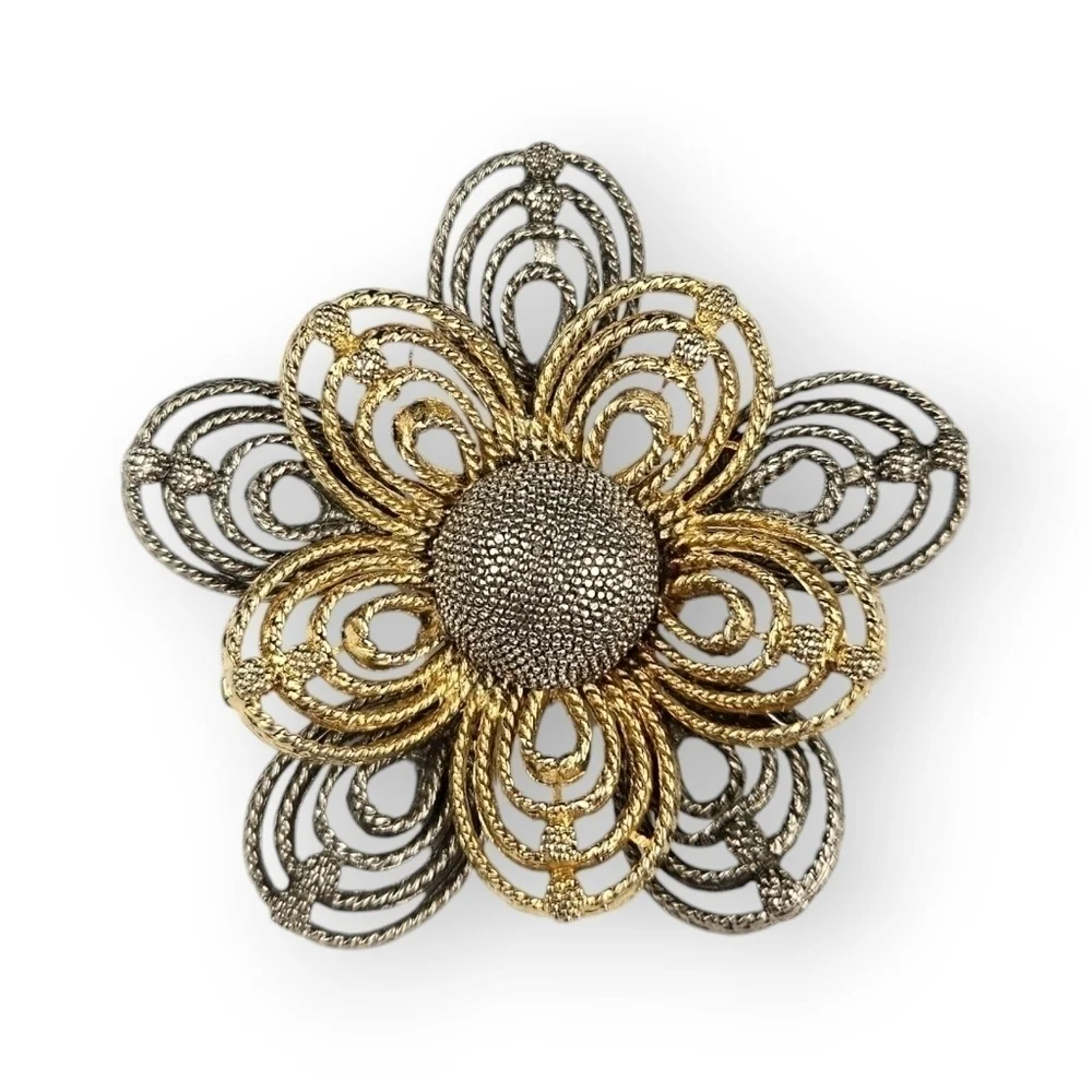 Vintage Flower Brooch Layered Petal Textured Two Tone Gold Silver Tone 2 3/8